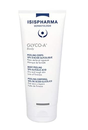 IsisPharma Glyco-A Body Peeling cream texture closeup, highlights smooth absorbent formula for softer skin
