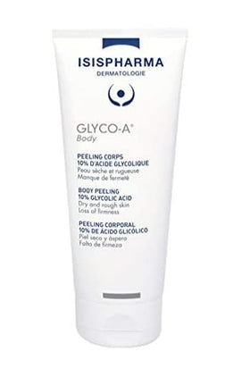 IsisPharma Glyco-A Body Peeling cream texture closeup, highlights smooth absorbent formula for softer skin