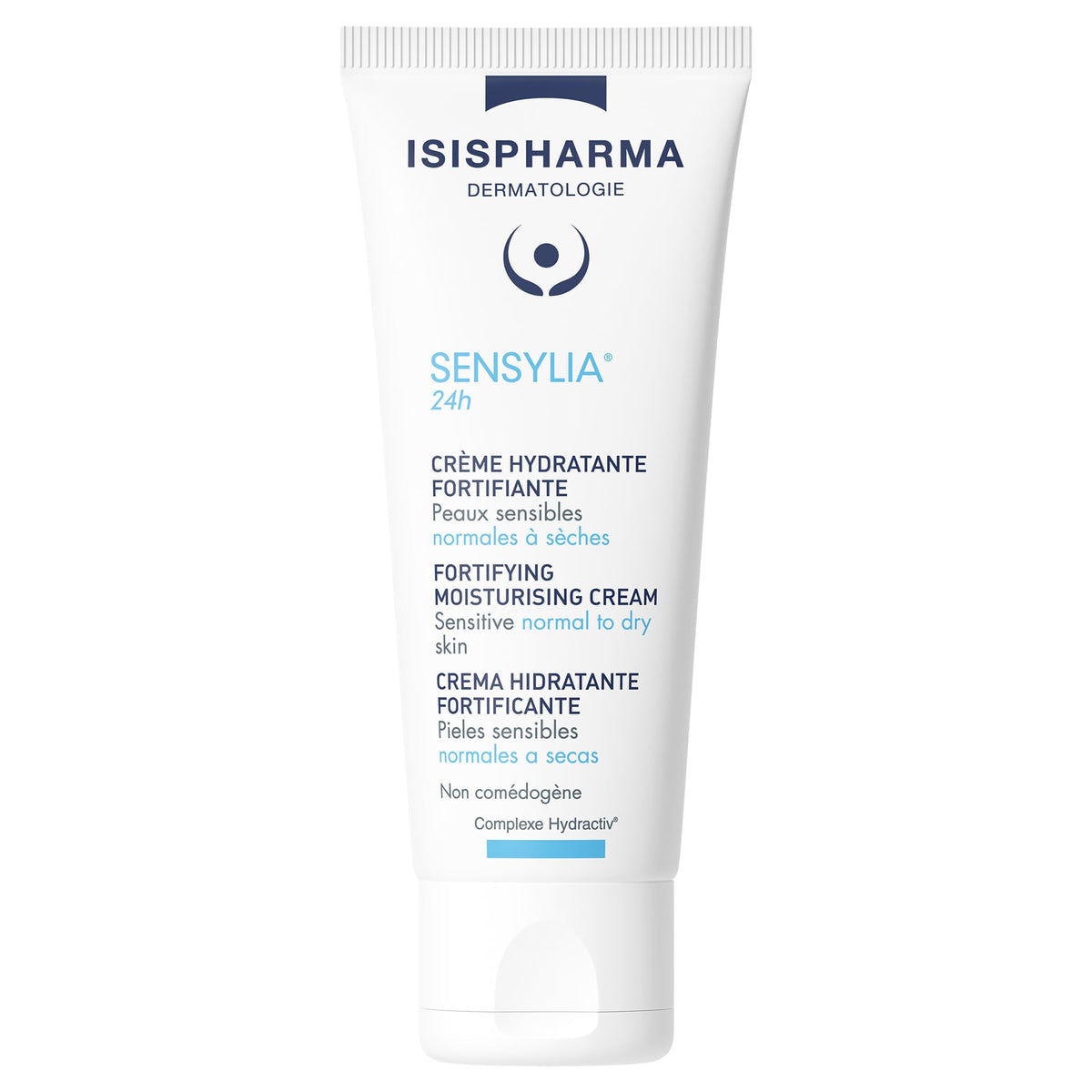 IsisPharma Sensylia front packaging showing 40 ml tube and clear labeling, highlights moisturising benefit