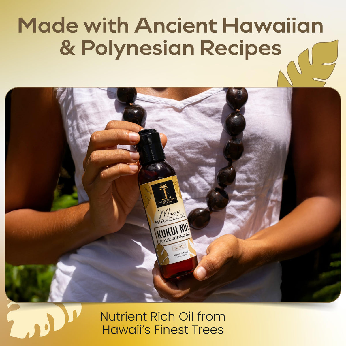 Island Essence applying oil on arm illustrating moisturized non-greasy skin benefit
