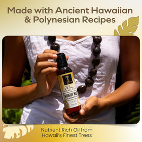 Island Essence applying oil on arm illustrating moisturized non-greasy skin benefit