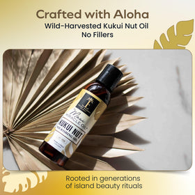Island Essence bottle placed on Maui rock conveying handcrafted island-made benefit