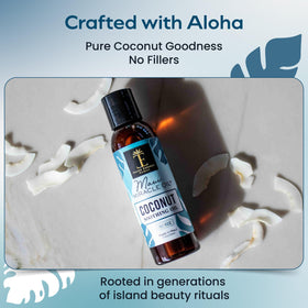 Island Essence applied to hair ends to show frizz control and shine benefit