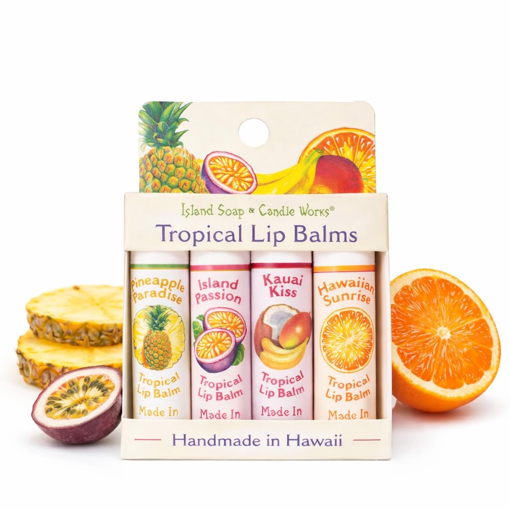 Island Soap & Candle Works front packaging showing four assorted balm sticks and brand