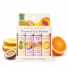 Island Soap & Candle Works front packaging showing four assorted balm sticks and brand