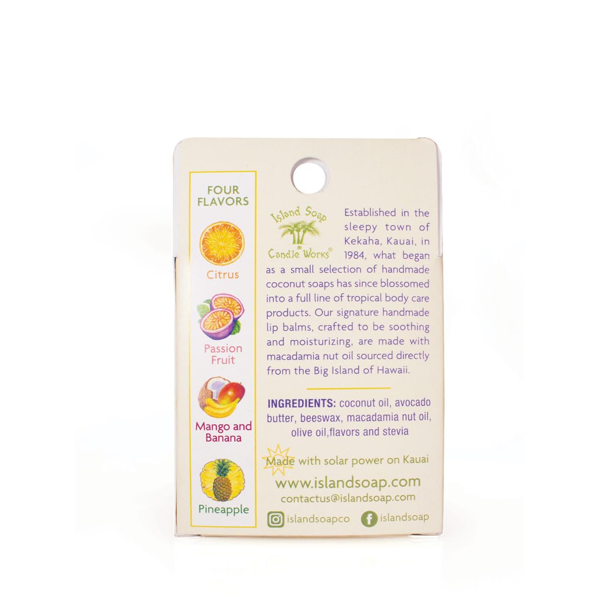 Island Soap & Candle Works lip balm held in hand to show size and travel convenience
