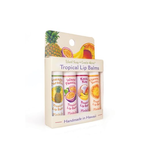 Island Soap & Candle Works lip balms on tropical backdrop suggesting Hawaiian handmade appeal