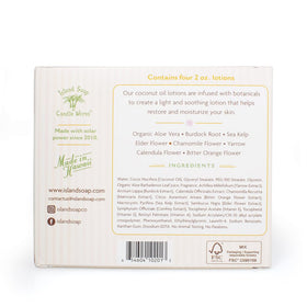 Island Soap & Candle Works travel-size bottles beside passport to show portable, TSA-friendly convenience