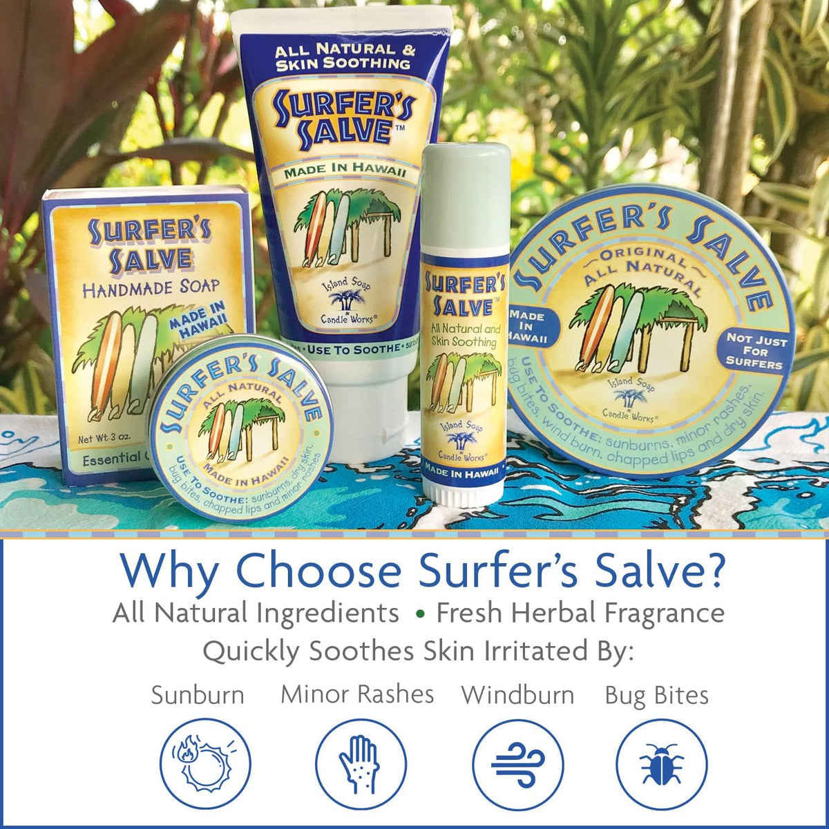 Island Soap & Candle Works tube beside sunglasses showing 3 oz travel-size portability