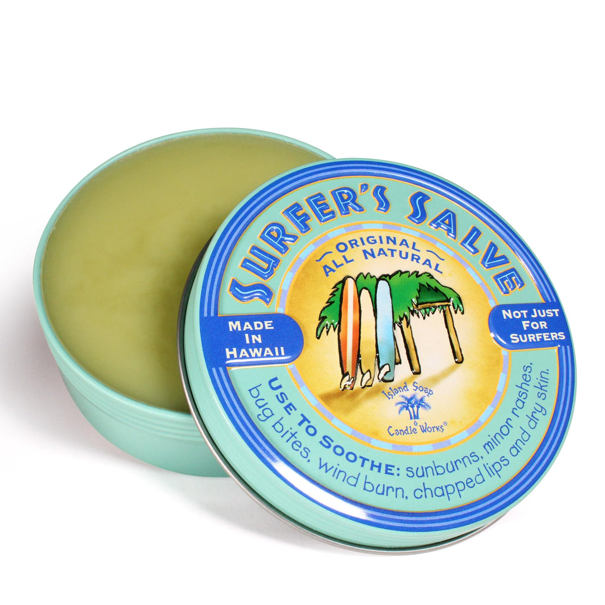 Island Soap & Candle Works front tin view showing label and compact 4 oz size benefit