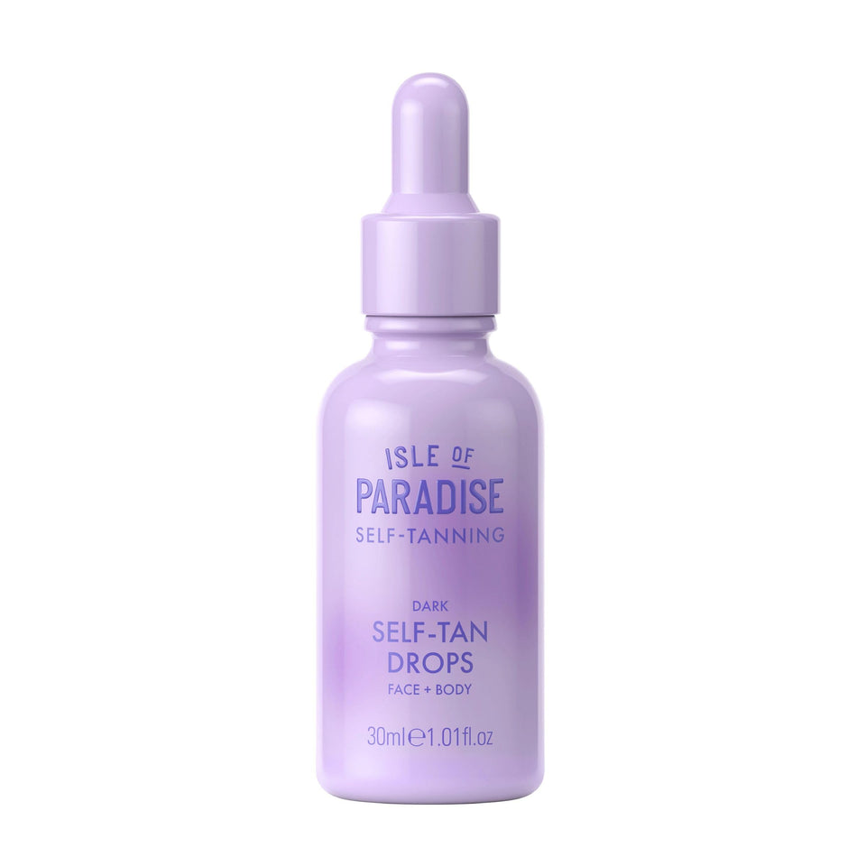 Isle of Paradise bottle front view showing dark self-tan drops packaging and benefit