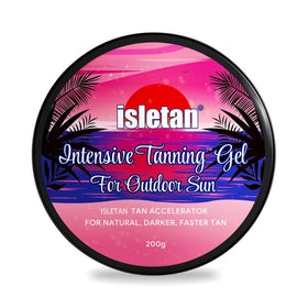 isletan front jar showing peach tanning gel and clean packaging benefit visible product