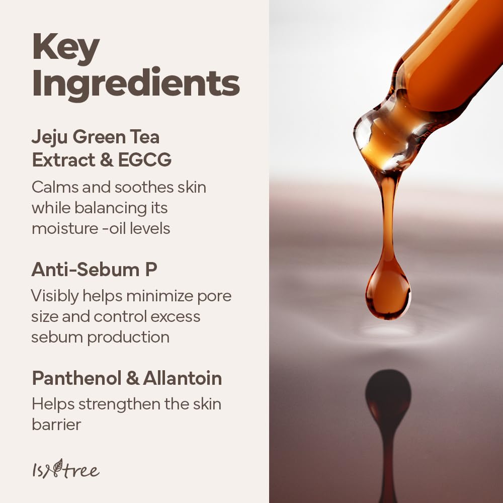 ISNTREE ingredient label highlighting Jeju green tea and EGCG benefits