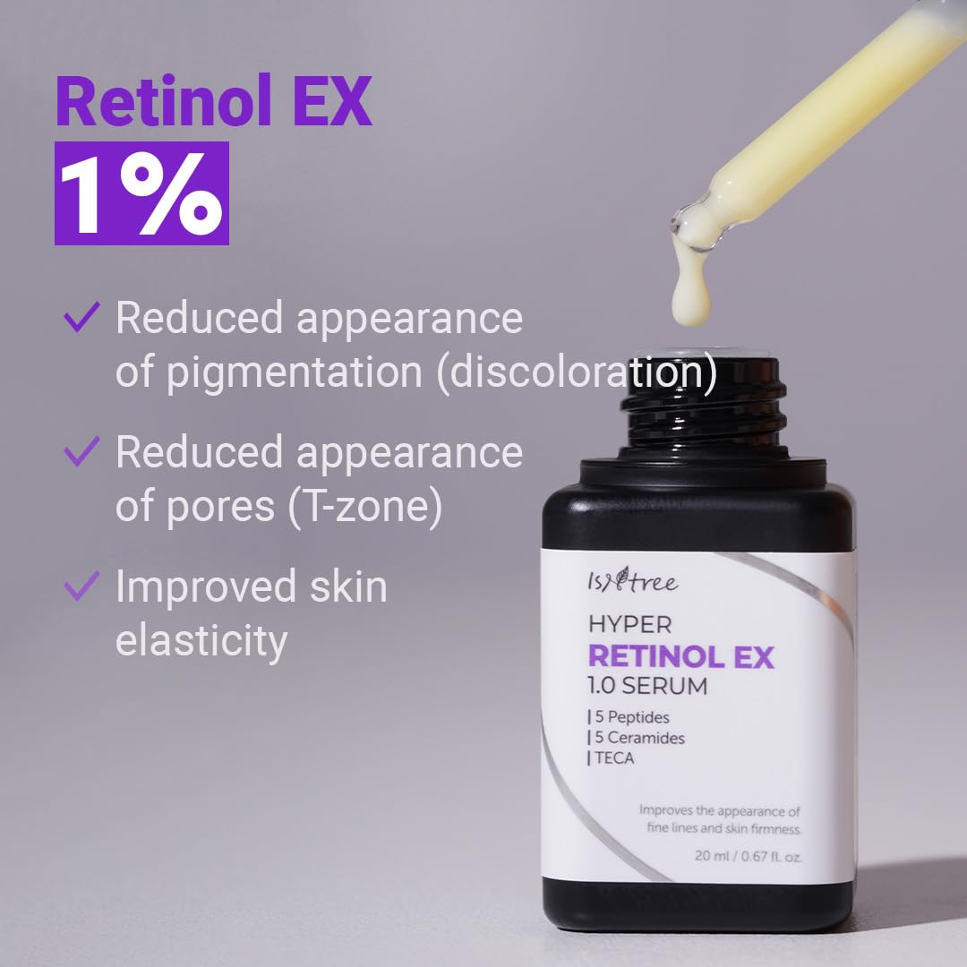Isntree ingredient label close-up highlighting retinol and peptides benefit