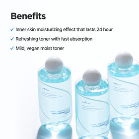 ISNTREE toner on bathroom counter staged with skincare for daily routine benefit