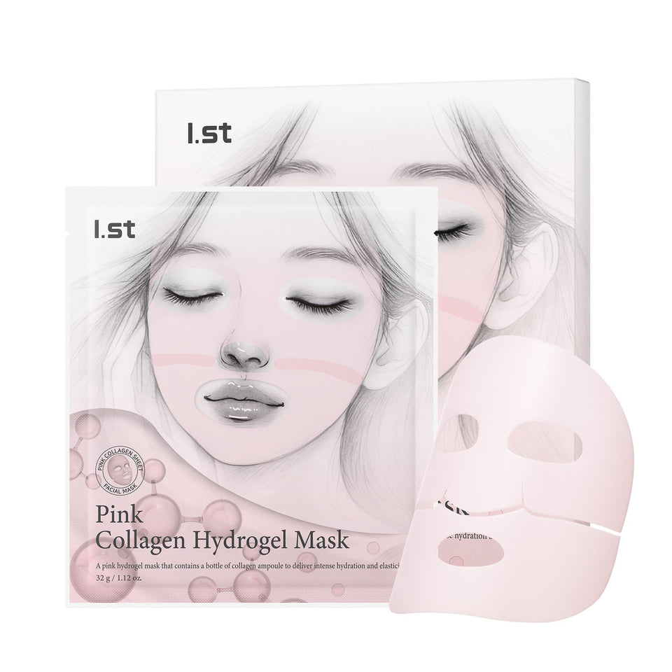 I.st front packaging showing five pink collagen hydrogel masks with clear branding and benefit
