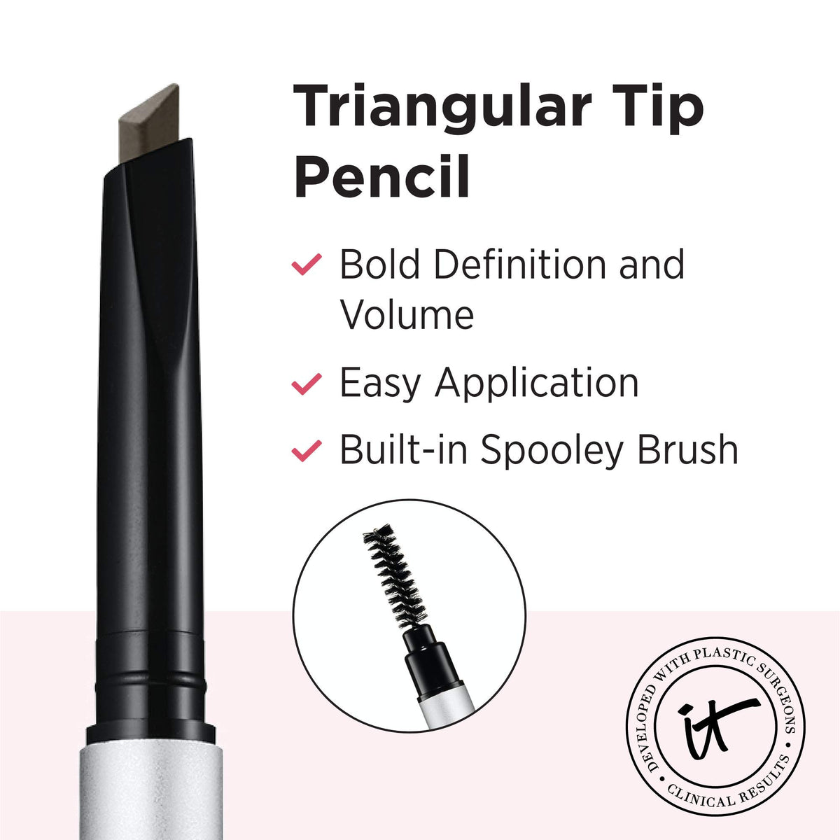 IT Cosmetics pencil being applied to eyebrow to create defined shape and buildable fullness