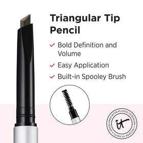 IT Cosmetics pencil being applied to eyebrow to create defined shape and buildable fullness