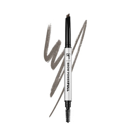 IT Cosmetics front view of Brow PowerFULL pencil showing packaging and retractable tip for convenience