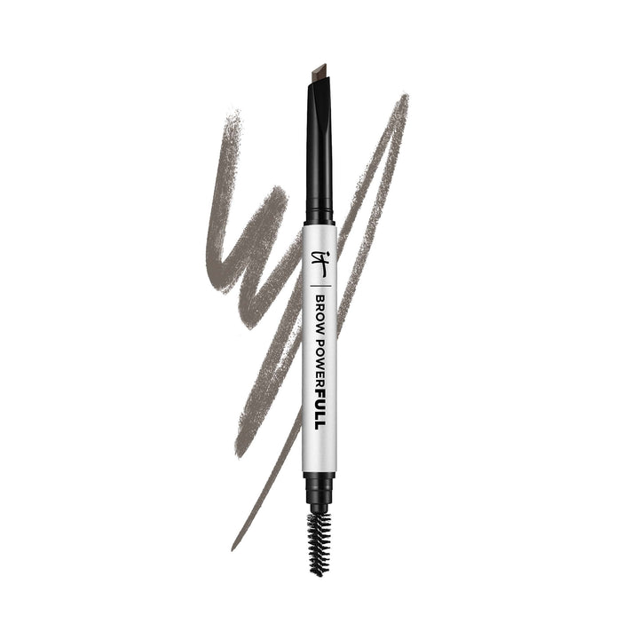 IT Cosmetics front view of Brow PowerFULL pencil showing packaging and retractable tip for convenience