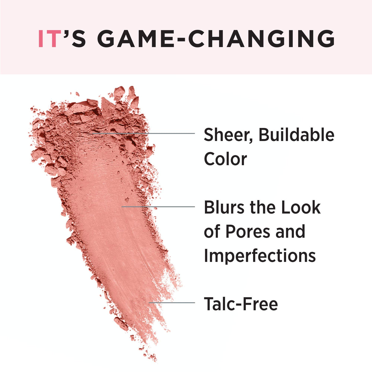 IT Cosmetics blush applied with brush demonstrating buildable color and lifting sweep technique