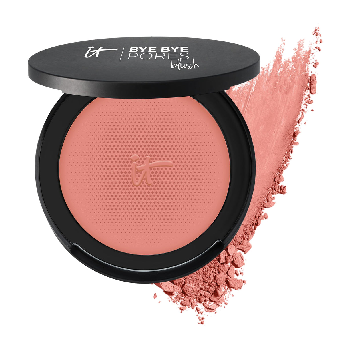 IT Cosmetics compact front showing packaging and blush shade for easy identification and portability