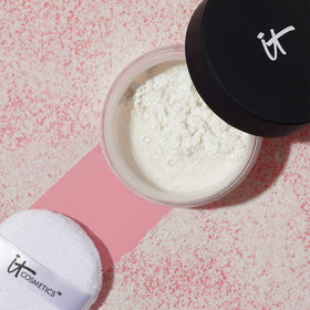 IT Cosmetics jar on vanity styled with mirror to show everyday blurring benefits