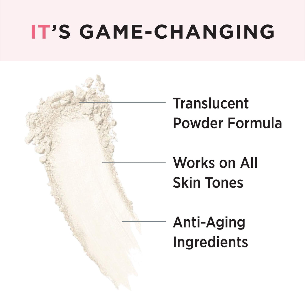 IT Cosmetics loose powder close-up texture highlighting silk finish and soft-focus effect