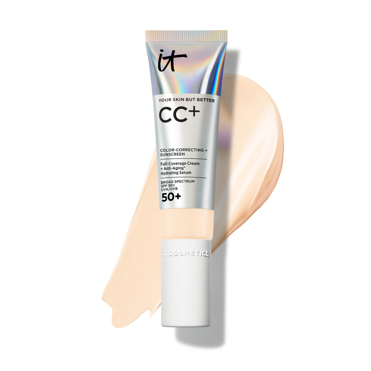 IT Cosmetics front packaging showing Fair Warm shade and SPF 50+ benefit