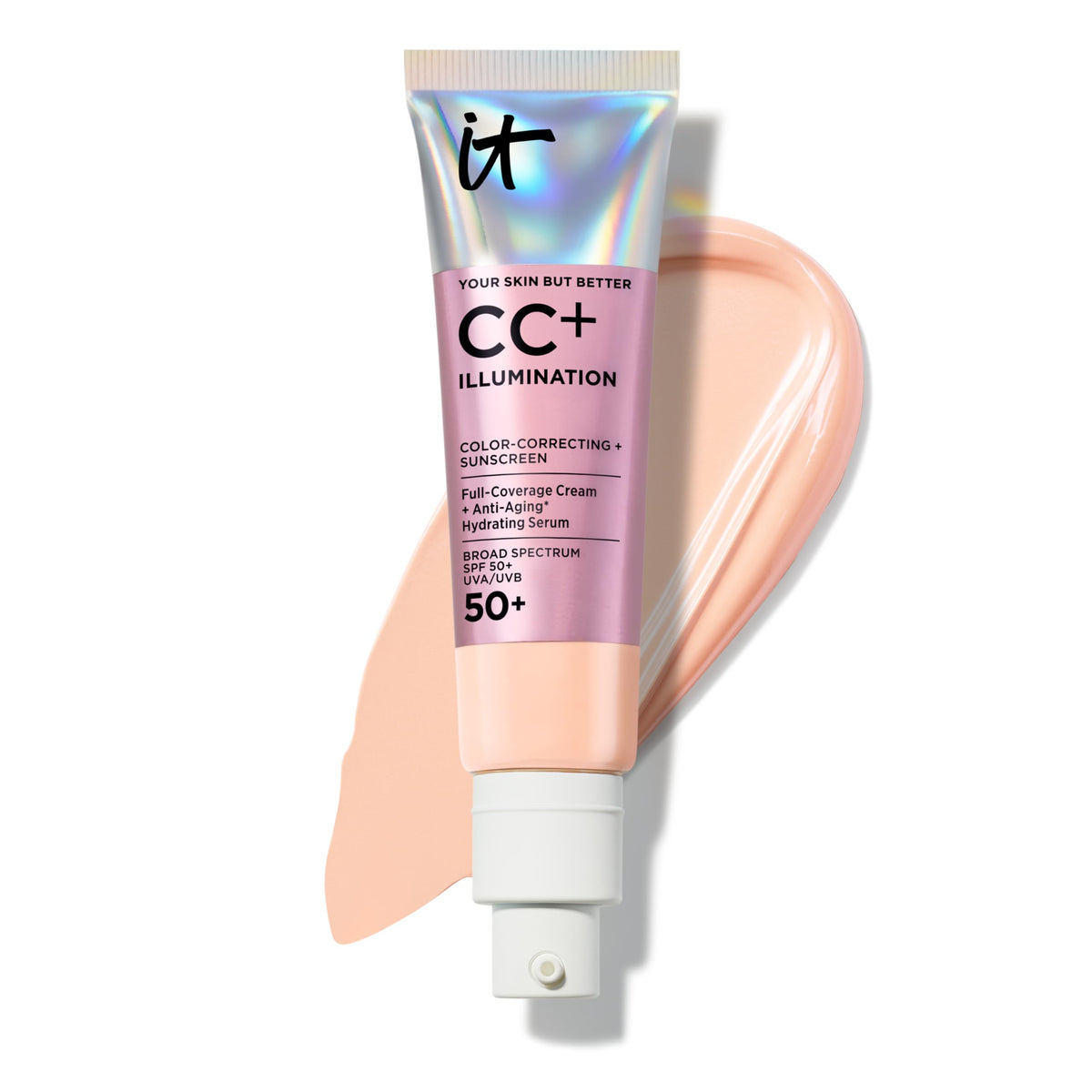 IT Cosmetics front tube of CC+ Cream Illumination showing packaging and SPF benefit