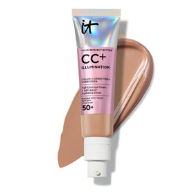 IT Cosmetics tube front view showing Tan shade and benefits