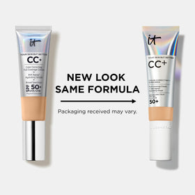 IT Cosmetics shade comparison card showing Light Medium Warm match