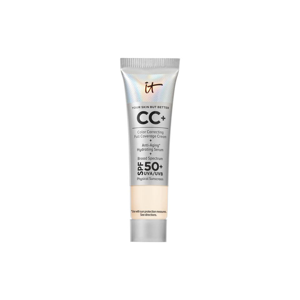 IT Cosmetics travel tube front view showing compact SPF 50+ convenience
