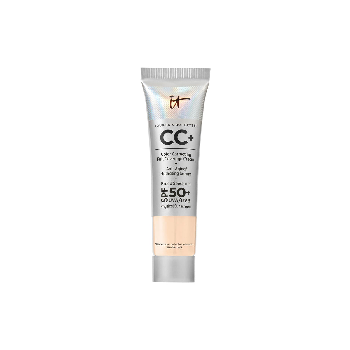 IT Cosmetics front packaging showing travel bottle and SPF 50+ protection benefit