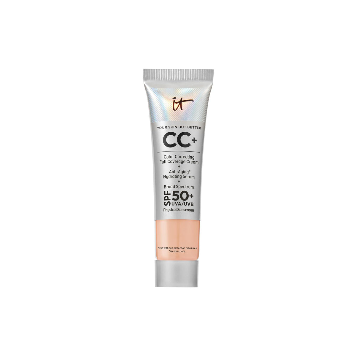 IT Cosmetics front packaging showing compact travel tube and branding benefits