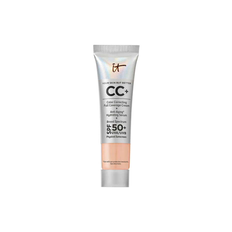 IT Cosmetics front packaging showing compact travel tube and branding benefits