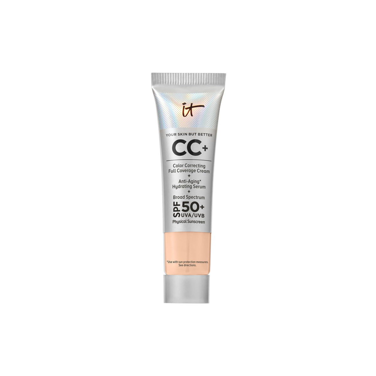 IT Cosmetics travel tube front view showing compact design and SPF 50+ protection