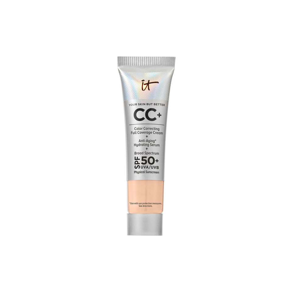 IT Cosmetics travel tube front view showing compact design and SPF 50+ protection