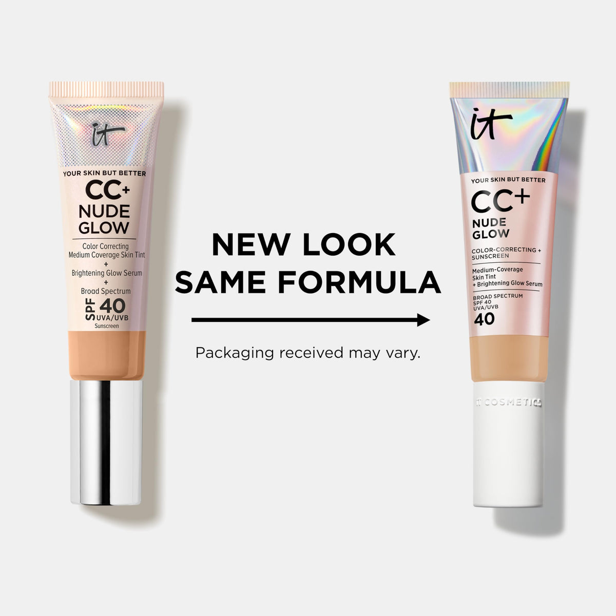 IT Cosmetics CC+ Nude Glow beside brush illustrating buffing for even coverage
