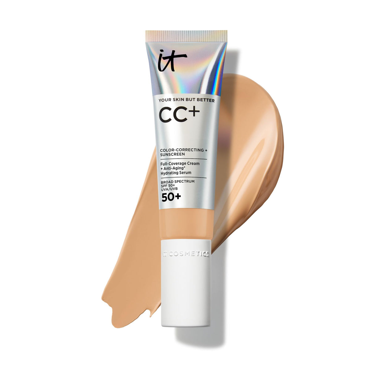 IT Cosmetics front packaging showing medium tan shade and SPF benefit