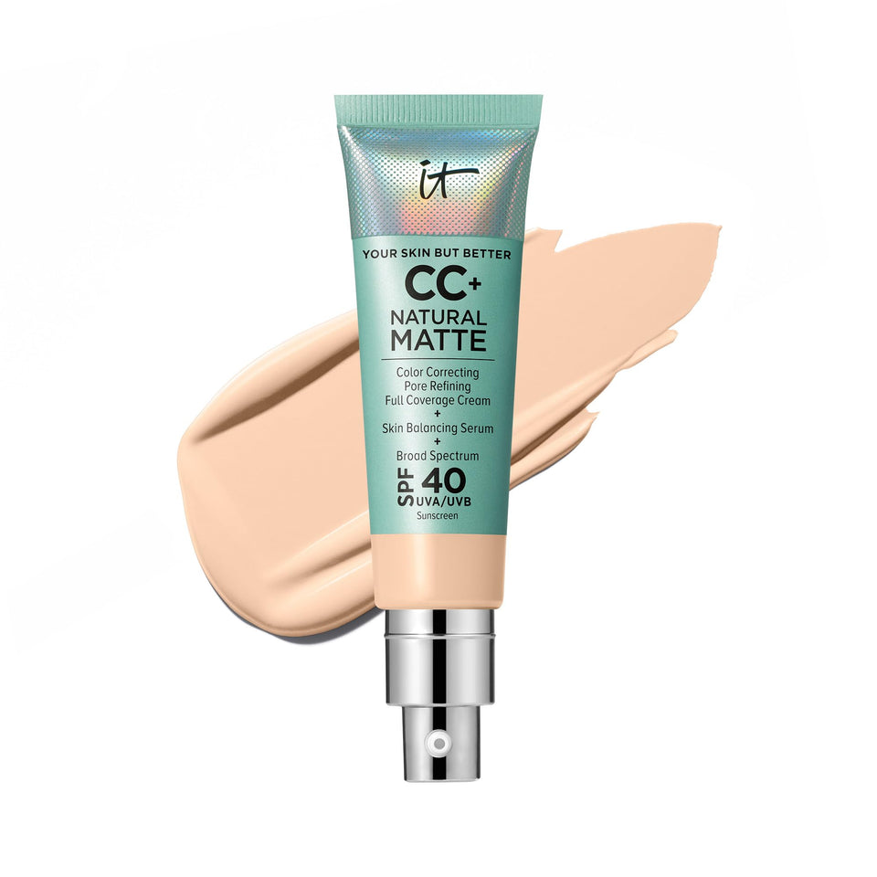 IT Cosmetics front packaging of CC+ Natural Matte Fair showing product benefit of poreless coverage
