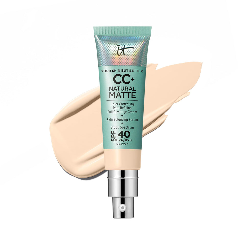 IT Cosmetics front packaging showing product and shade, highlights full-coverage benefit