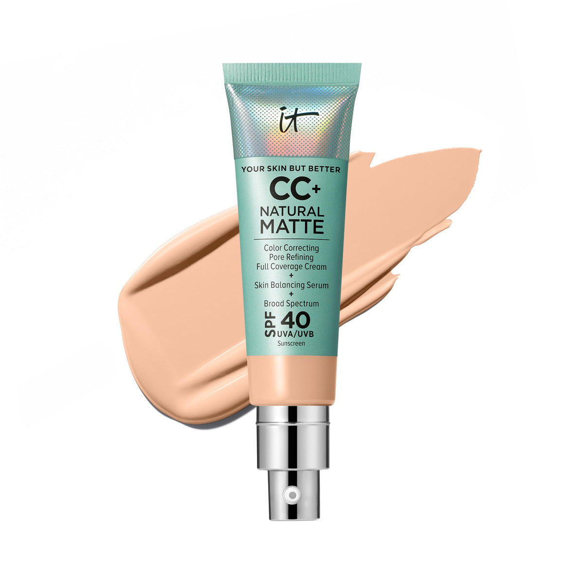 IT Cosmetics front packaging showing product and shade, convenient one-step coverage benefit