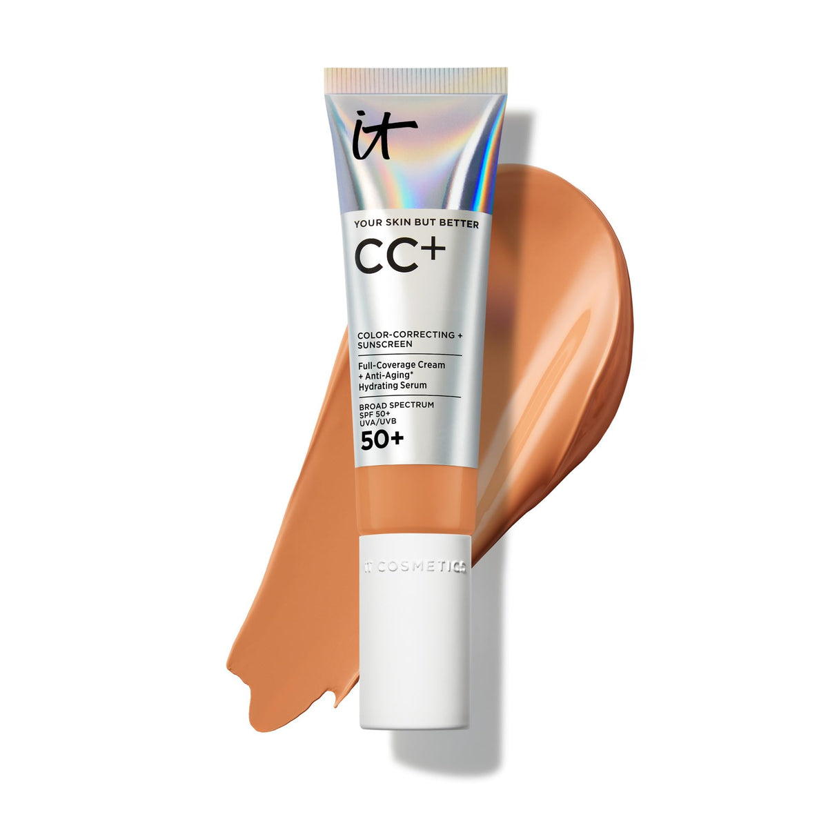 IT Cosmetics front packaging showing bottle and cap, highlights portability and protection