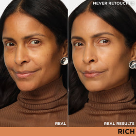 IT Cosmetics swatch on arm showing rich shade payoff and buildable coverage benefits