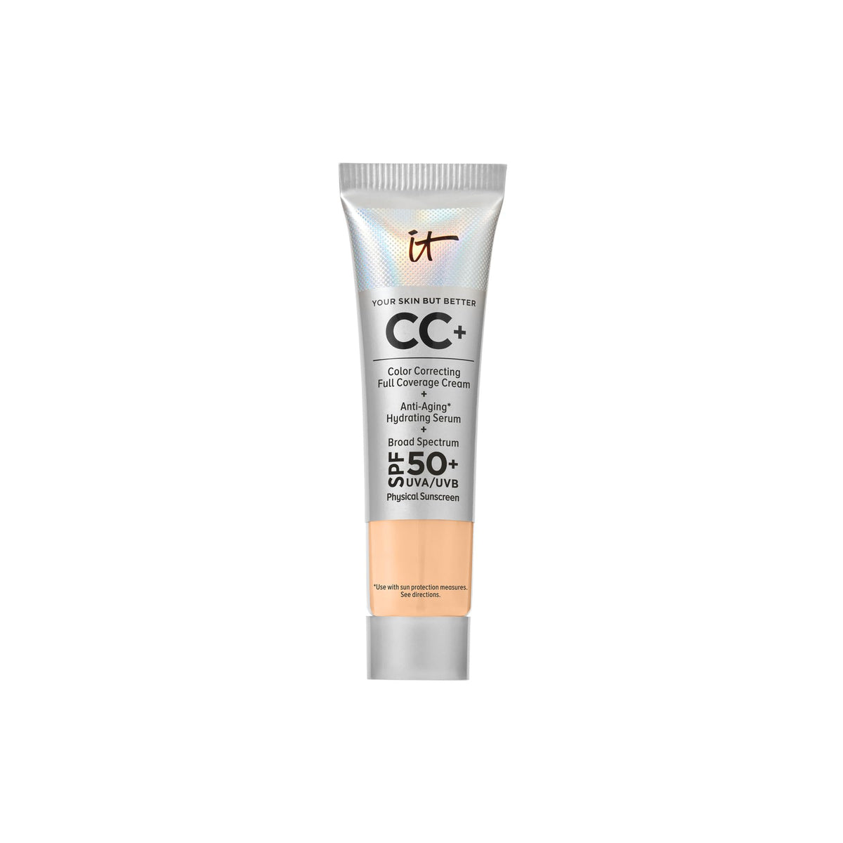 IT Cosmetics travel tube front view showing branding and compact size benefit