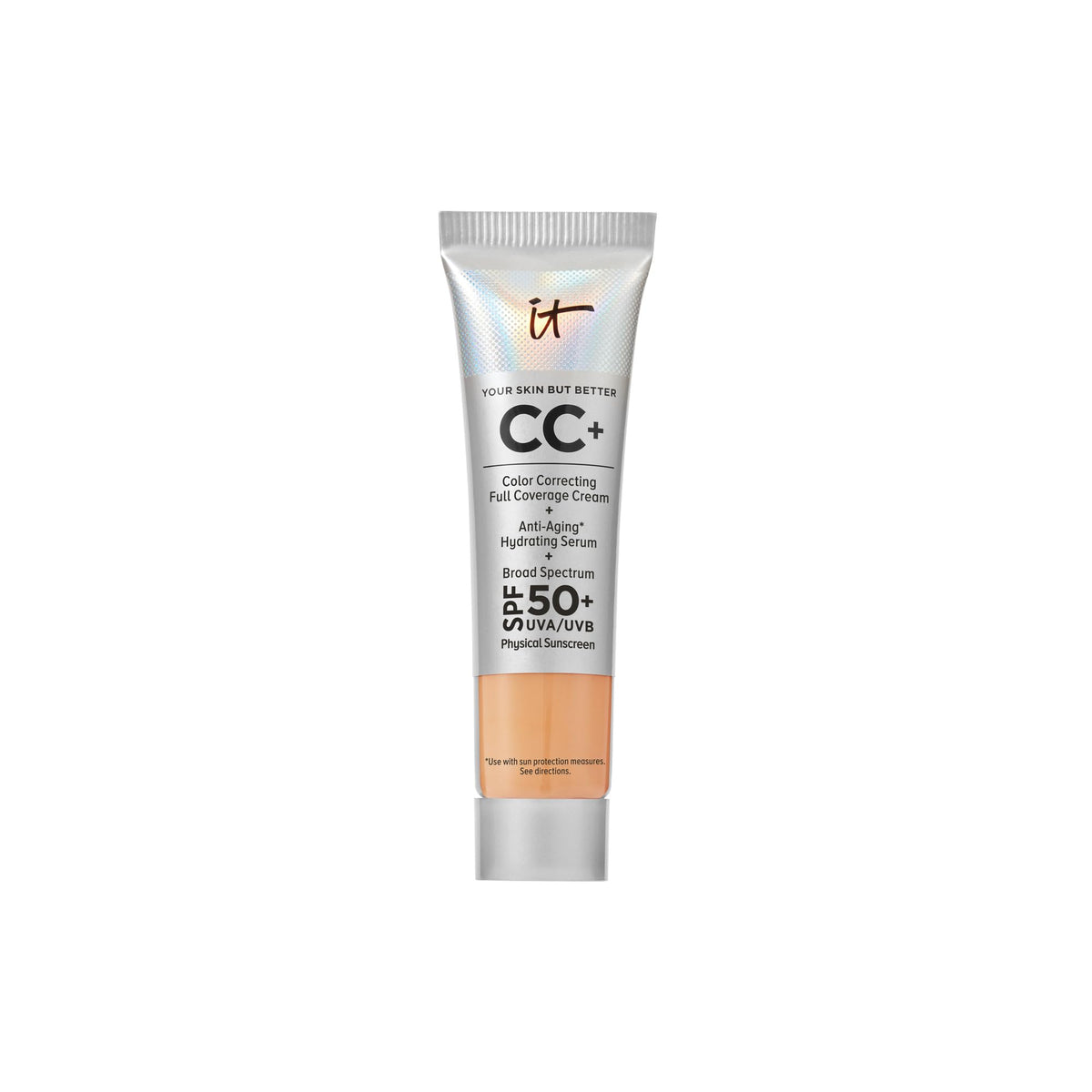 IT Cosmetics CC+ travel bottle front pump showing compact design and easy dispensing