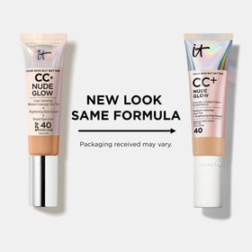 IT Cosmetics before and after split face showing visible brightening and evening effect