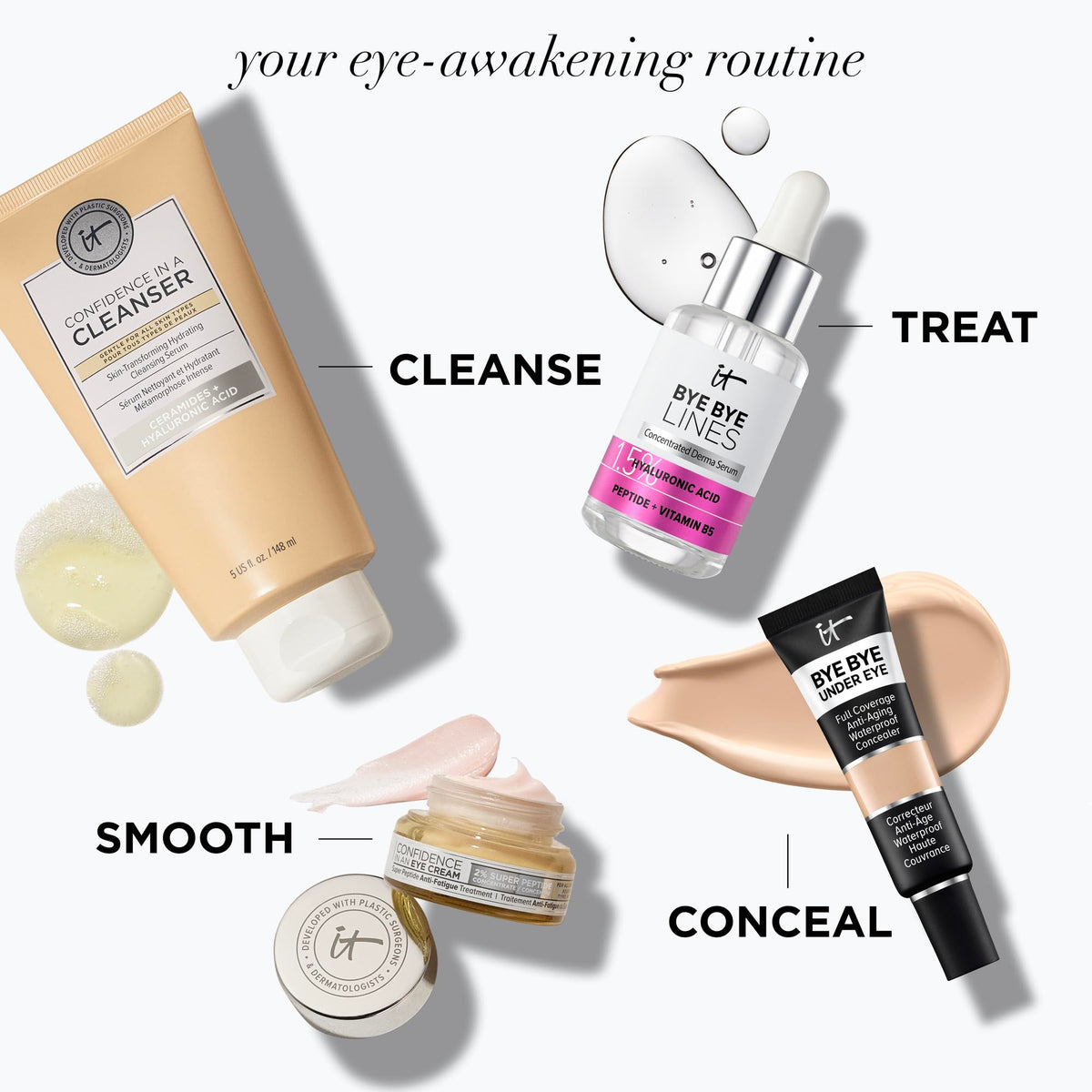IT Cosmetics jar on vanity next to skincare for morning routine inspiration