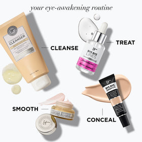 IT Cosmetics jar on vanity next to skincare for morning routine inspiration
